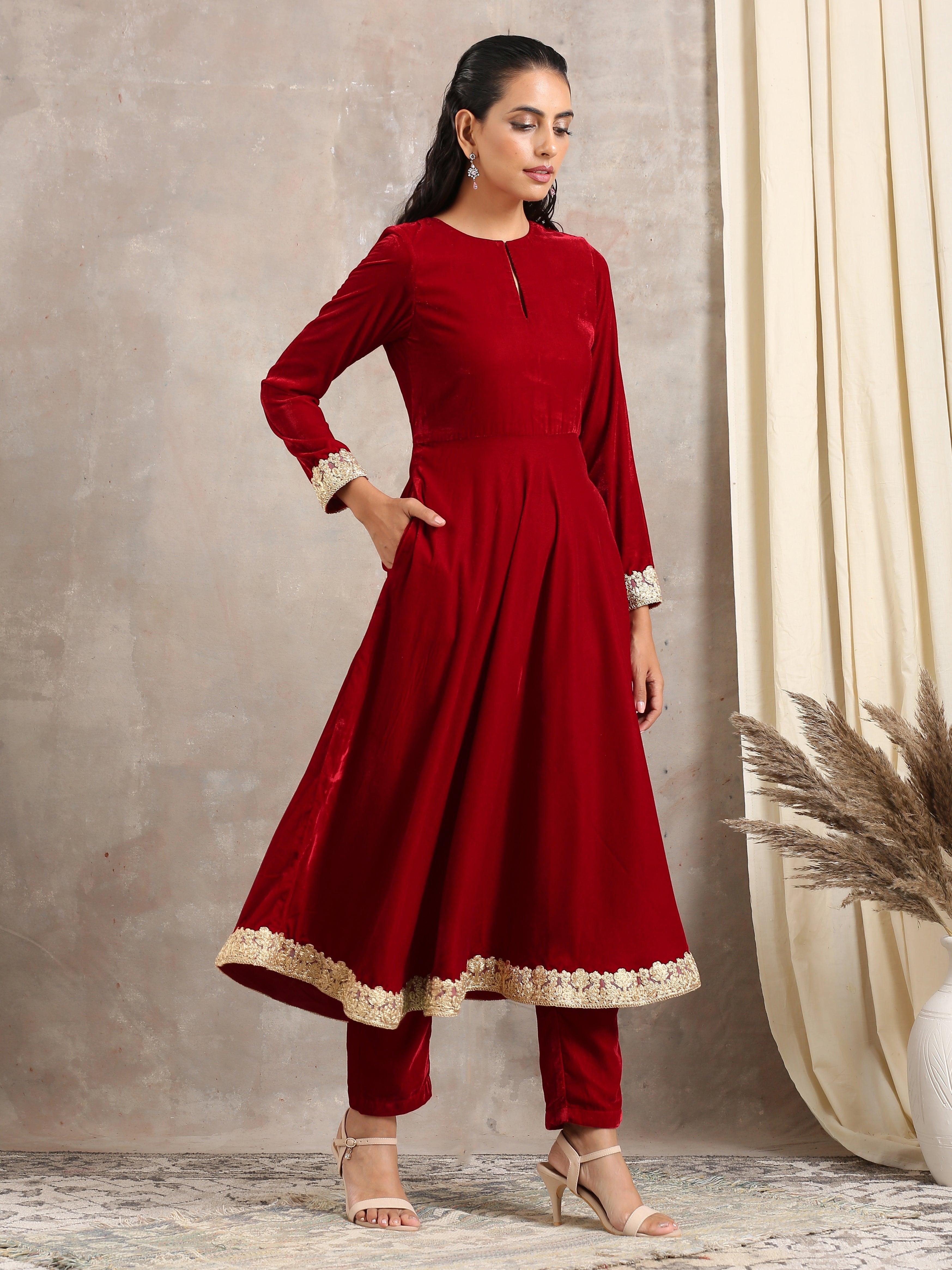 trueBrowns Red Velvet Flared Lace Kurta