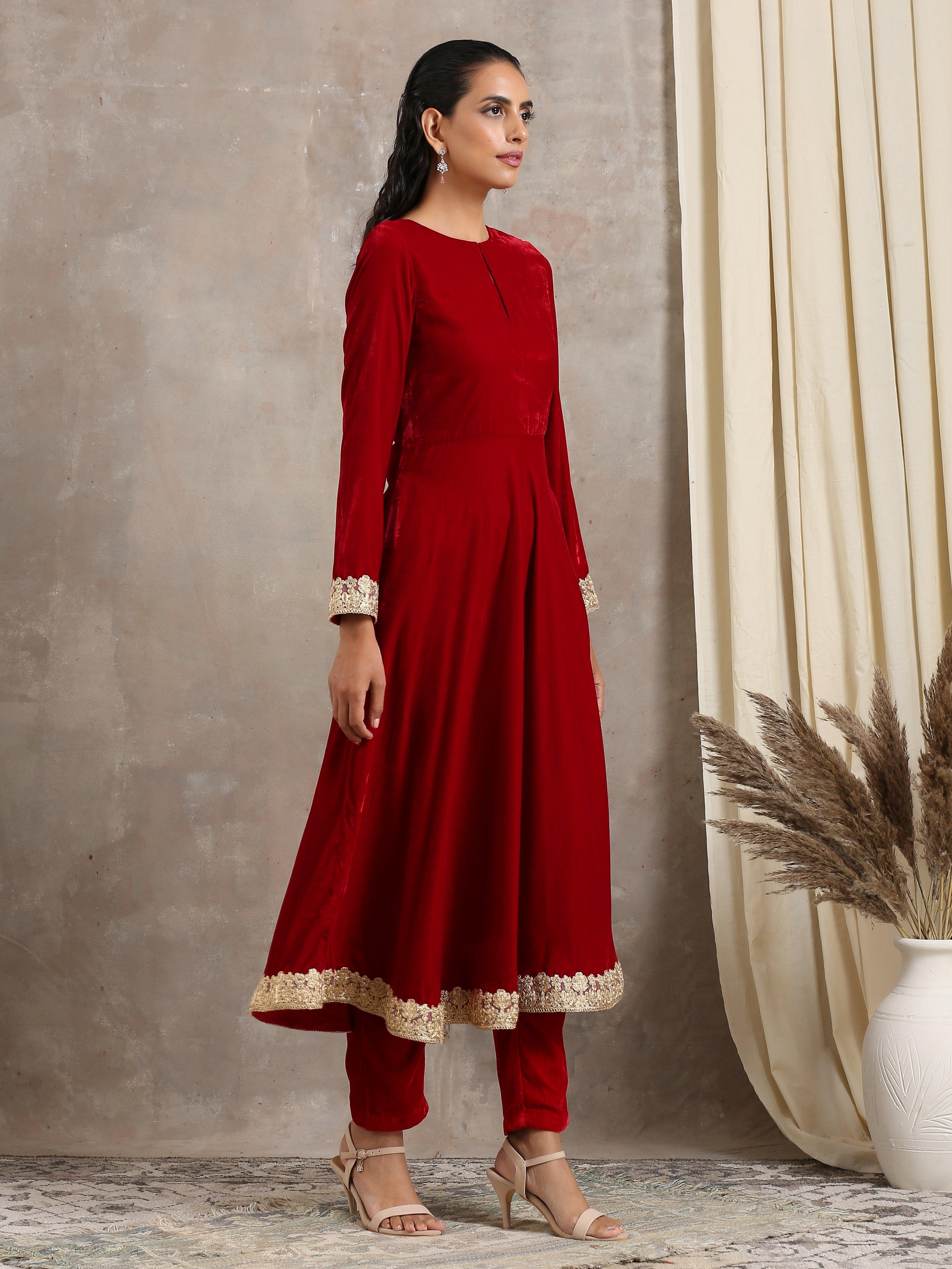 trueBrowns Red Velvet Flared Lace Kurta