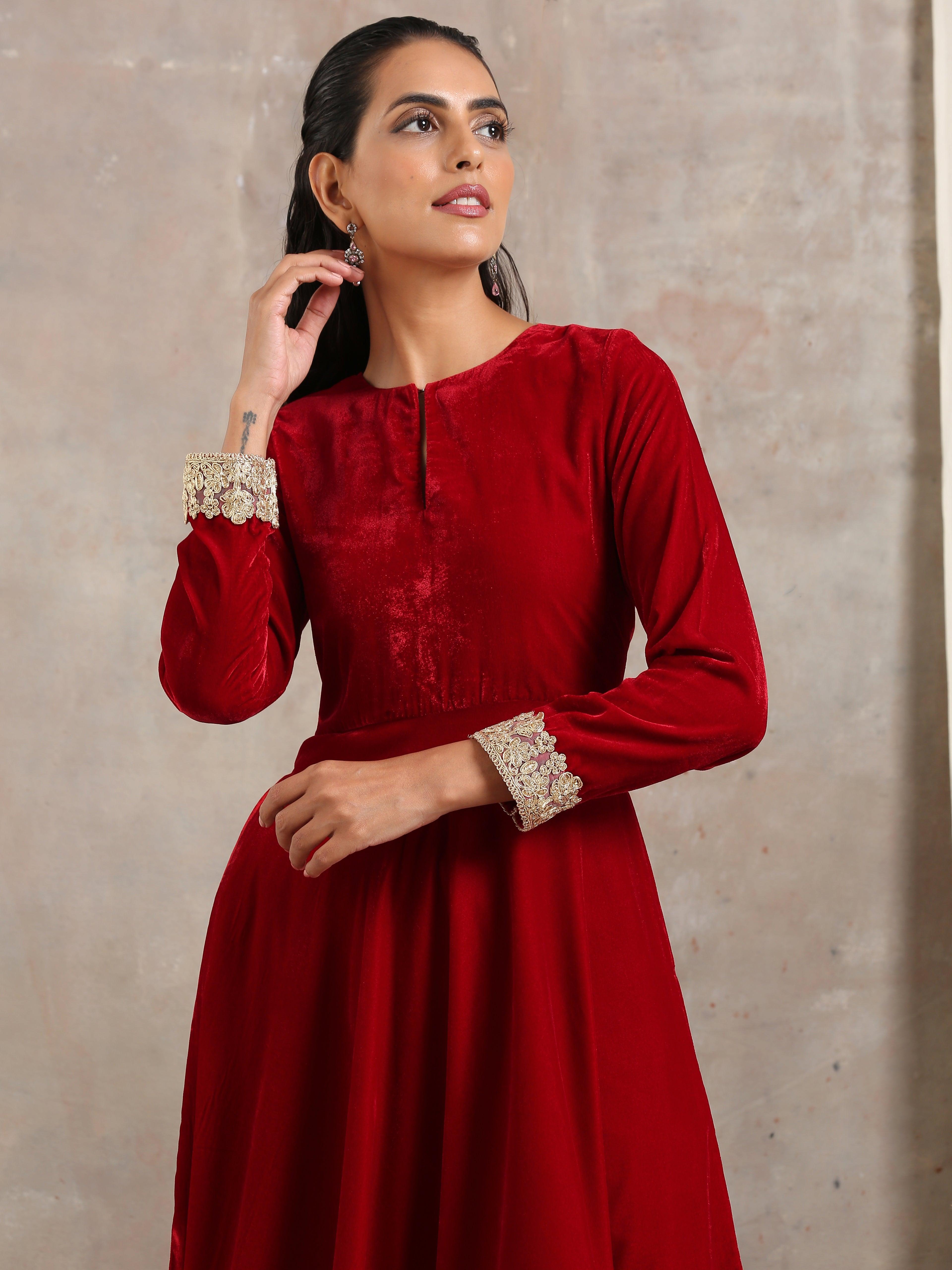 trueBrowns Red Velvet Flared Lace Kurta