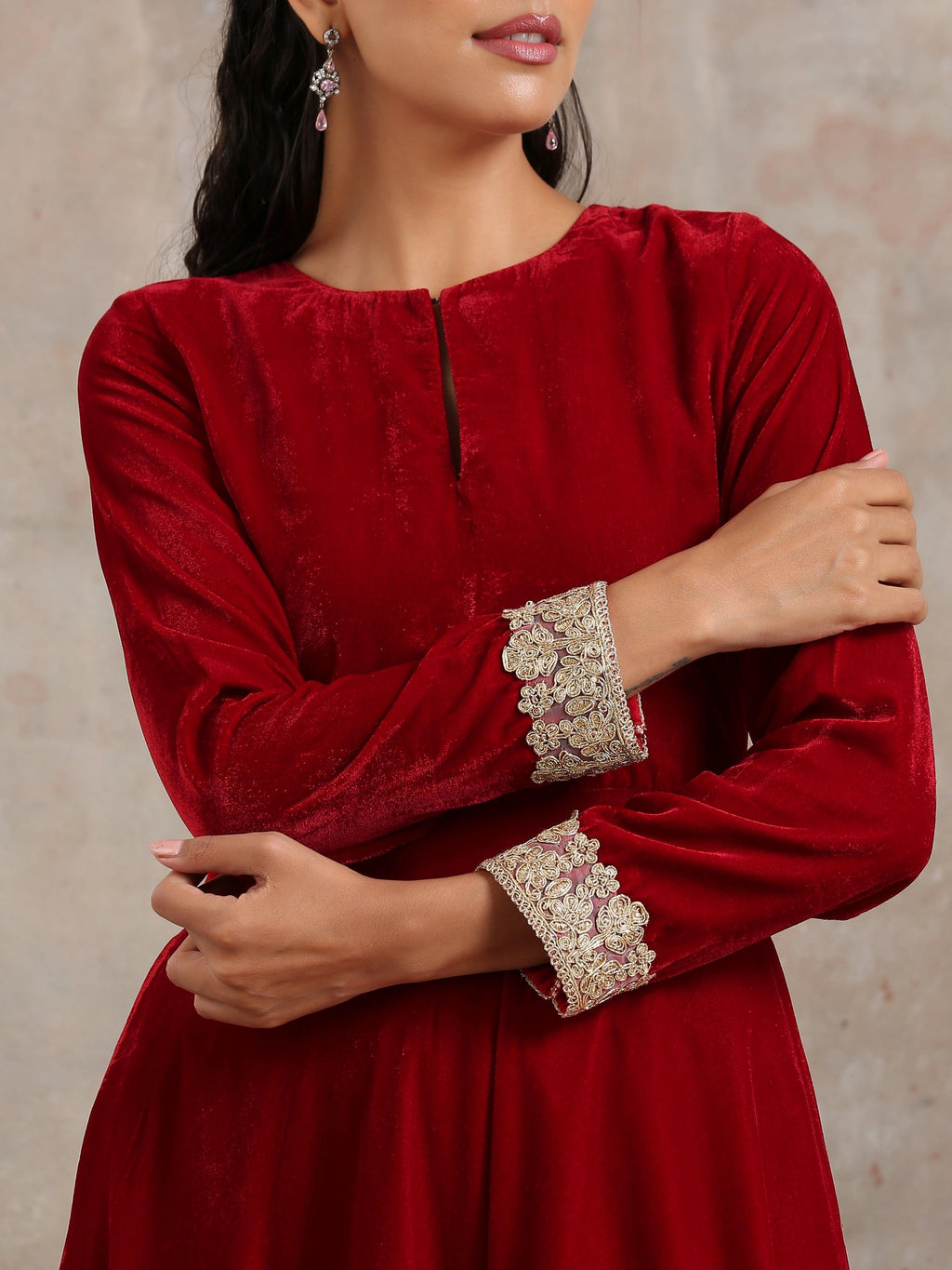 trueBrowns Red Velvet Flared Lace Kurta