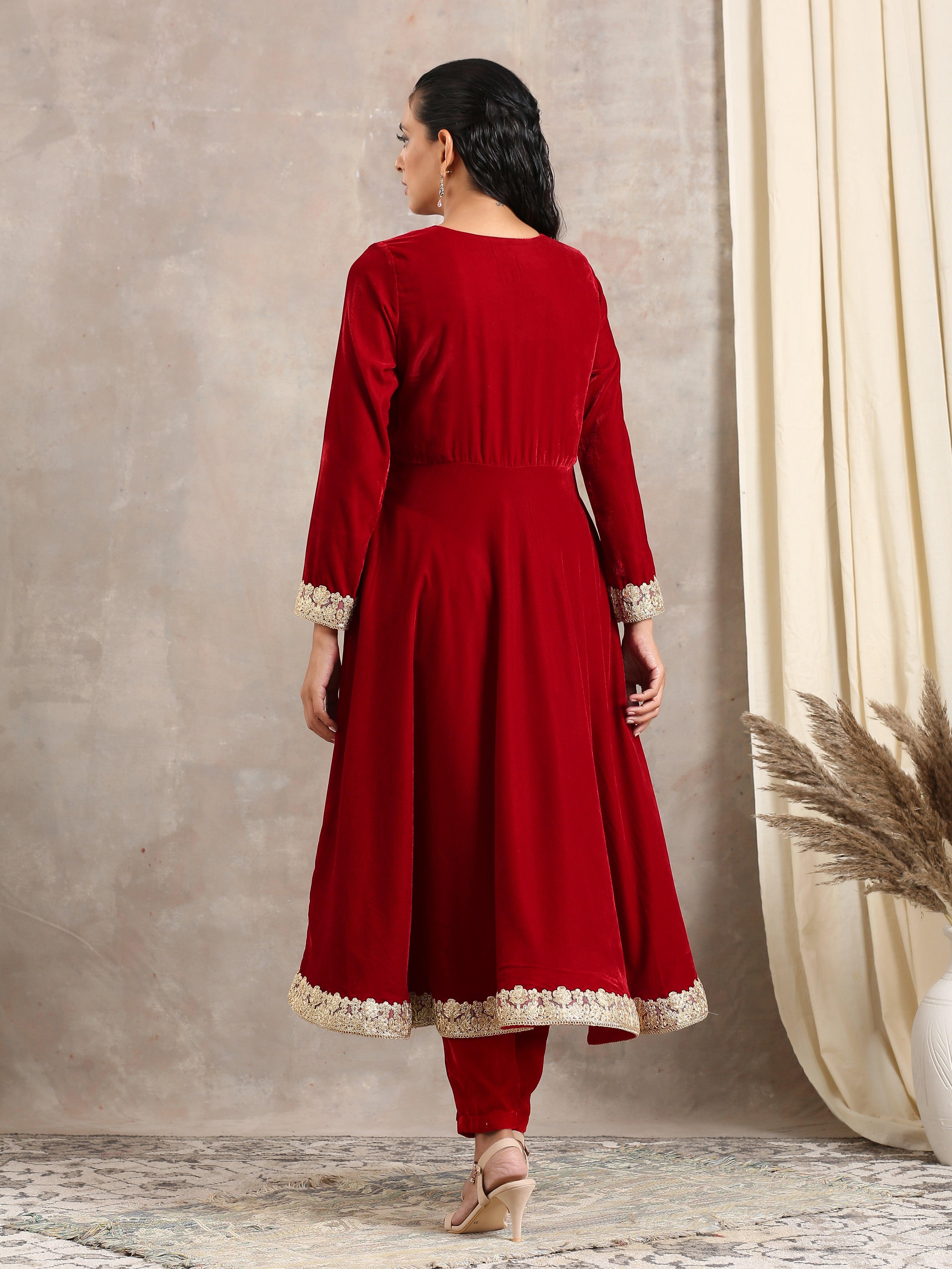 trueBrowns Red Velvet Flared Lace Kurta