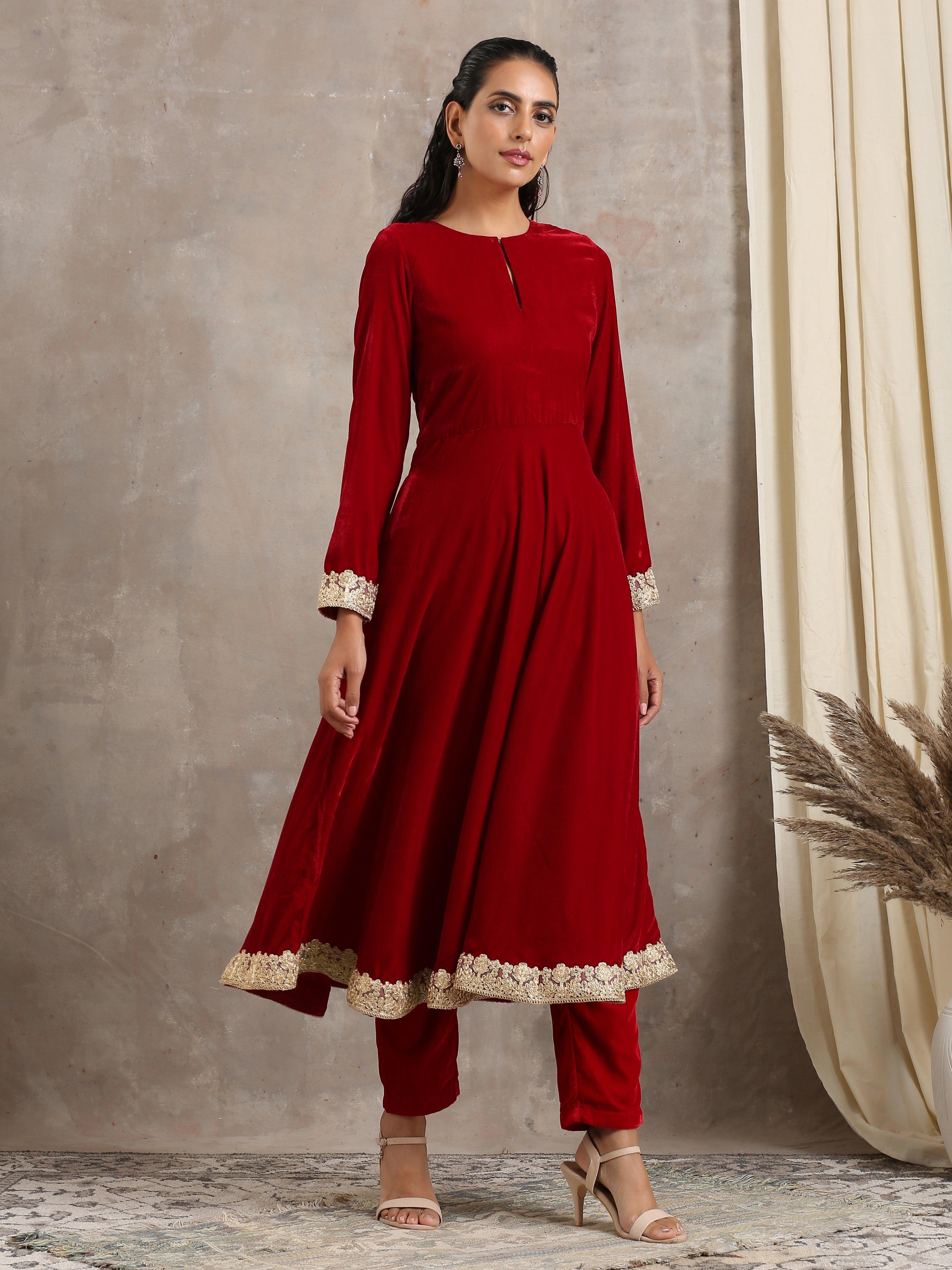 trueBrowns Red Velvet Flared Lace Kurta