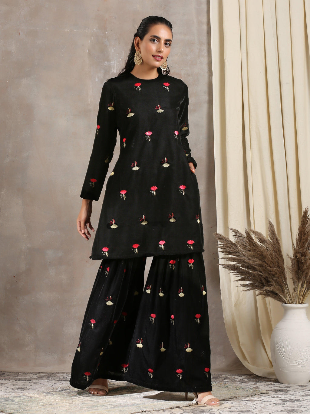 trueBrowns Black Velvet Embroidered Kurta Sharara Set