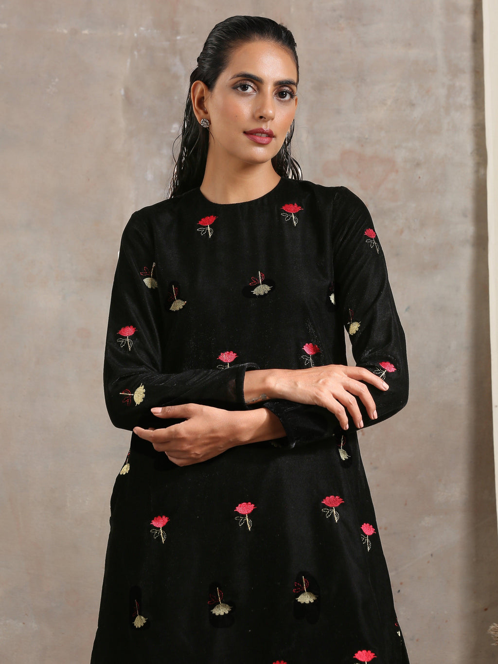 trueBrowns Black Velvet Embroidered Kurta Sharara Set