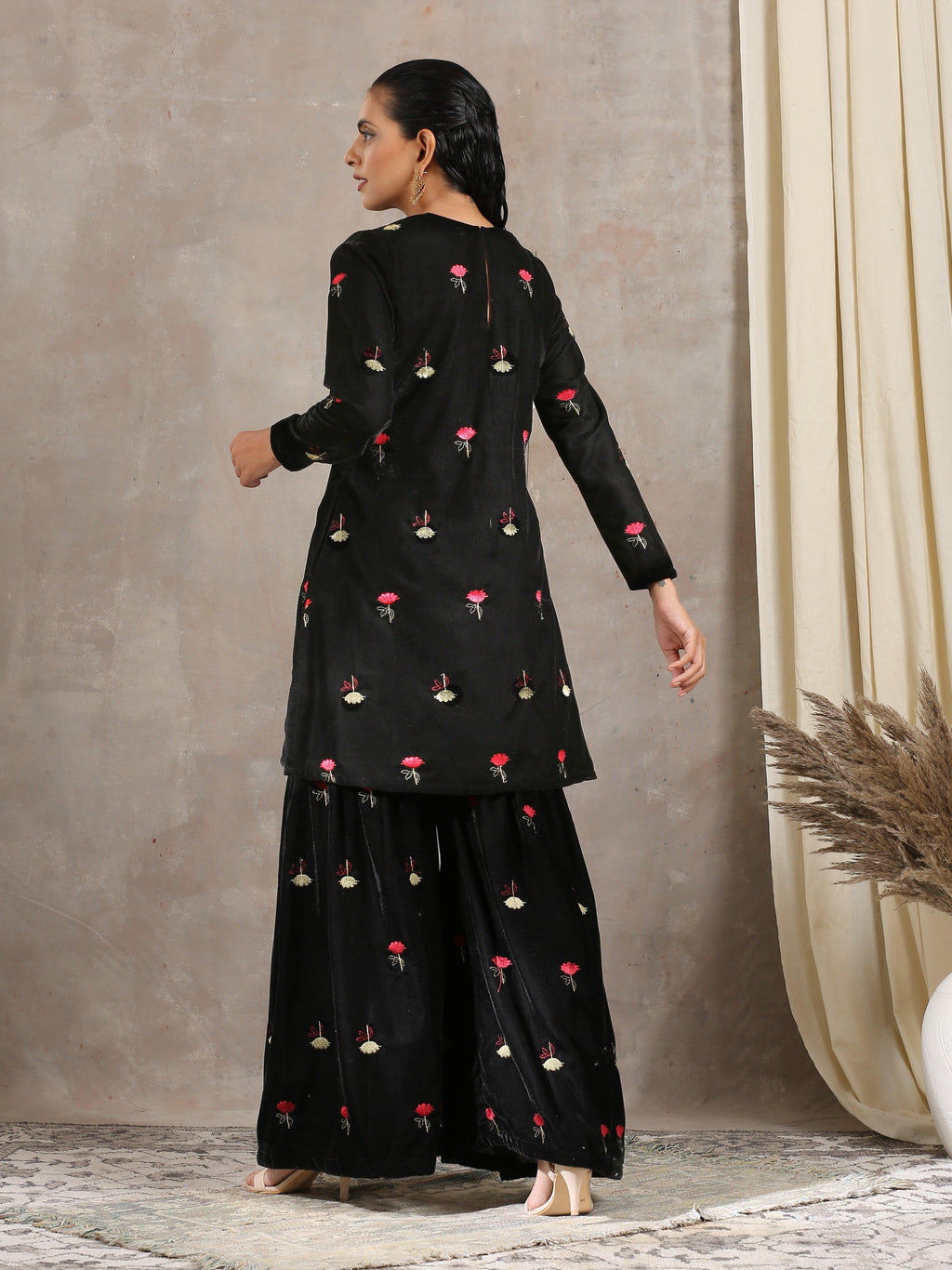 trueBrowns Black Velvet Embroidered Kurta Sharara Set