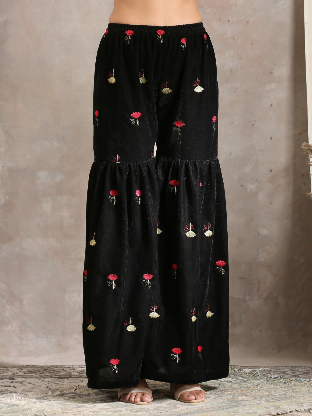 trueBrowns Black Velvet Embroidered Kurta Sharara Set