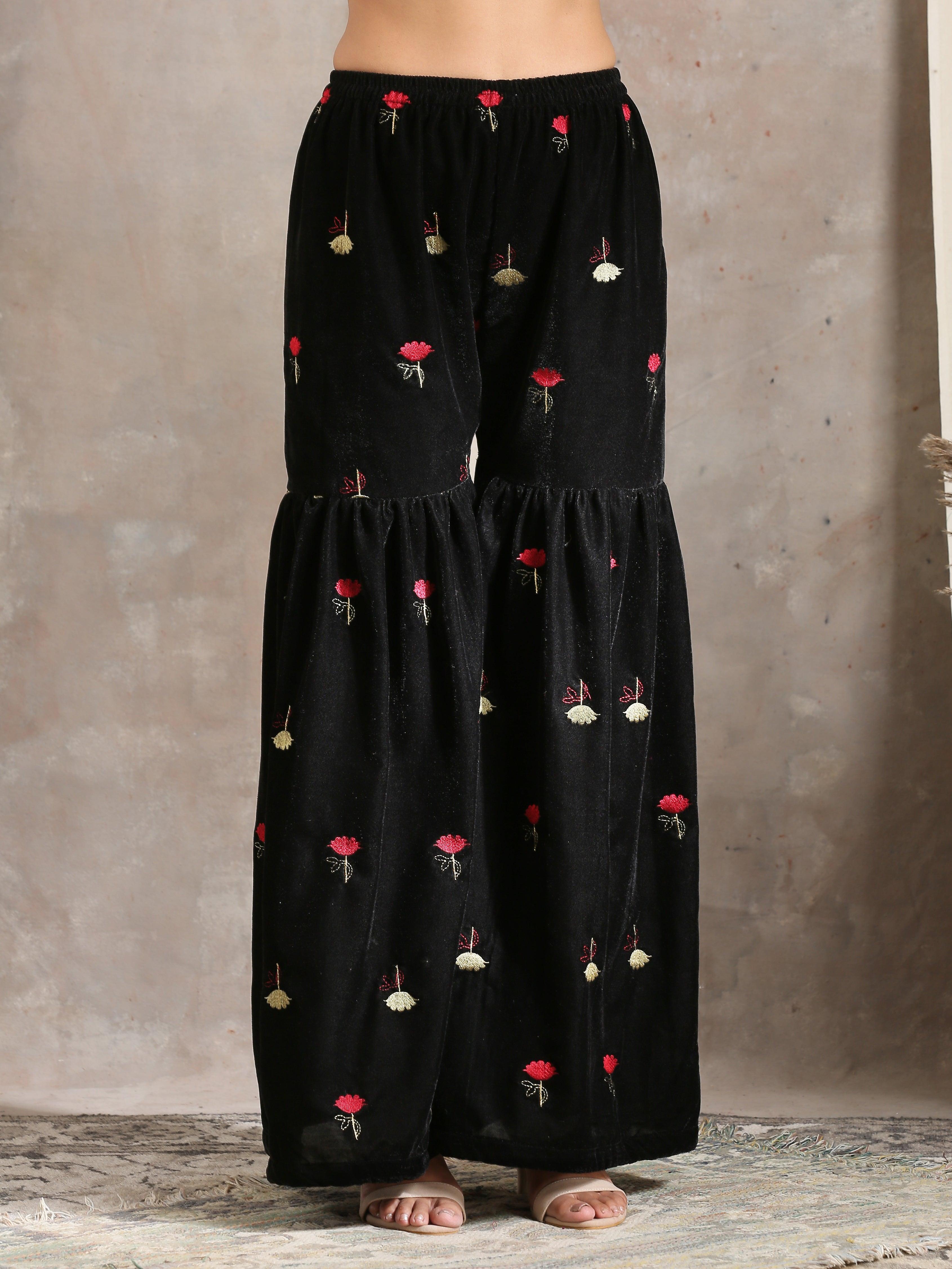 trueBrowns Black Velvet Embroidered Kurta Sharara Set