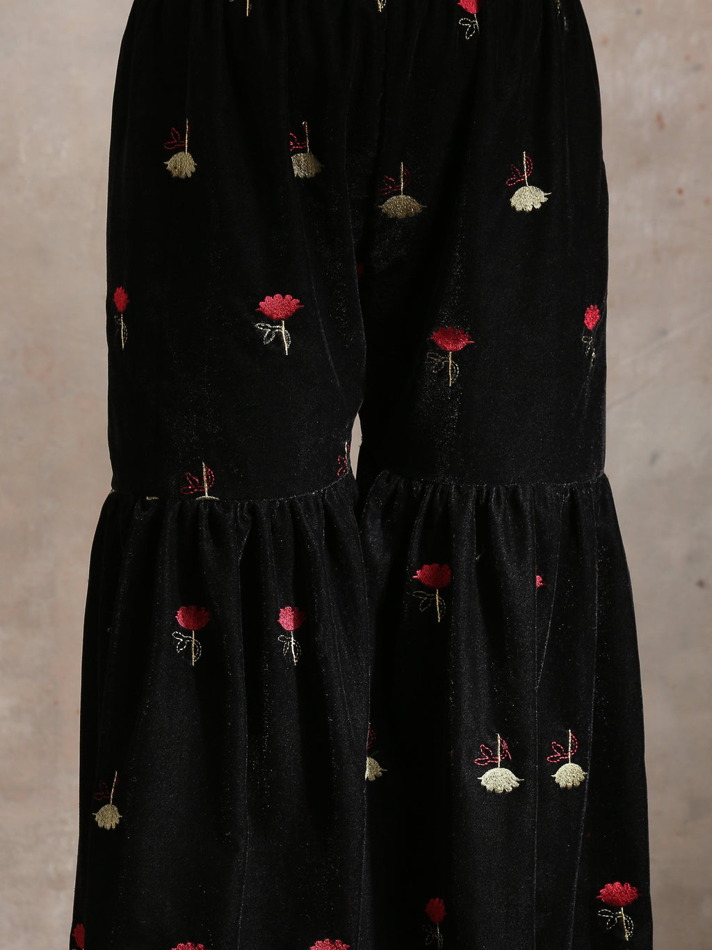 trueBrowns Black Velvet Embroidered Kurta Sharara Set