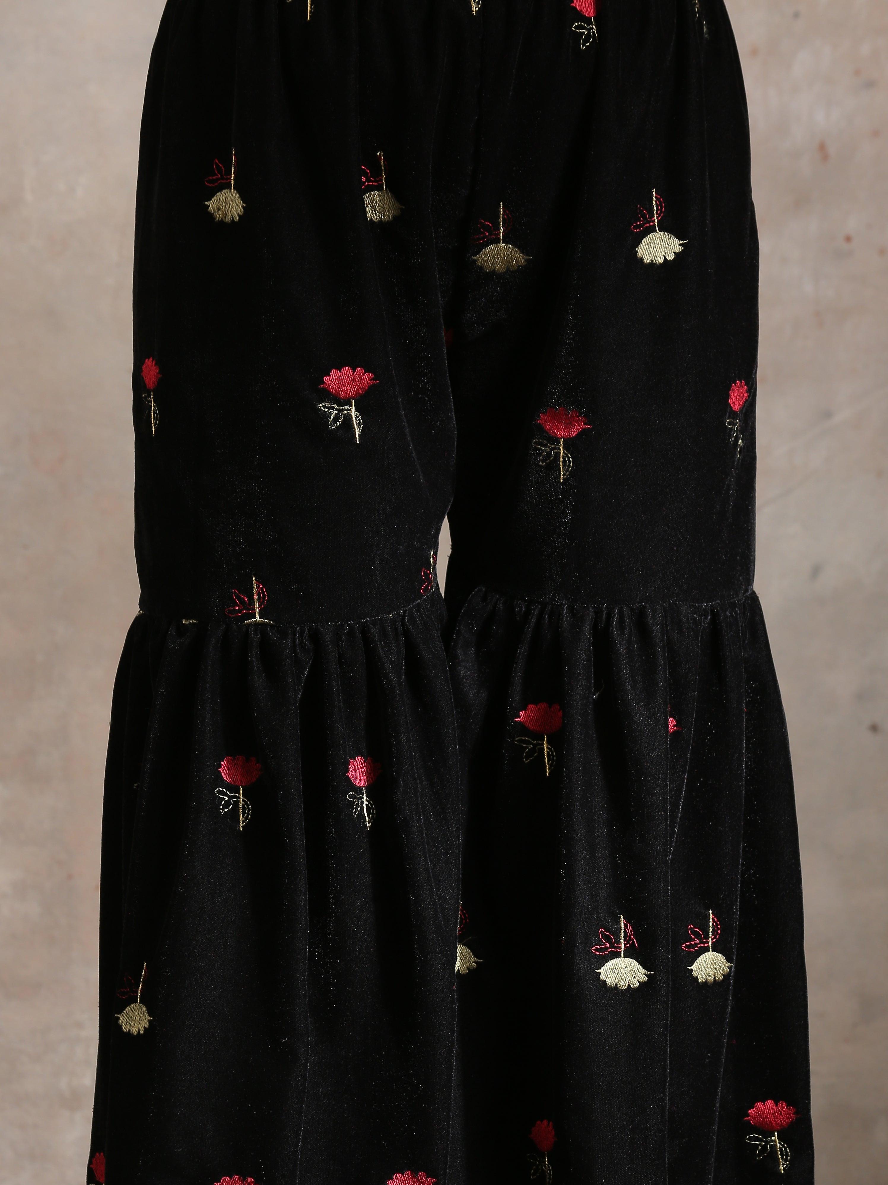 trueBrowns Black Velvet Embroidered Kurta Sharara Set