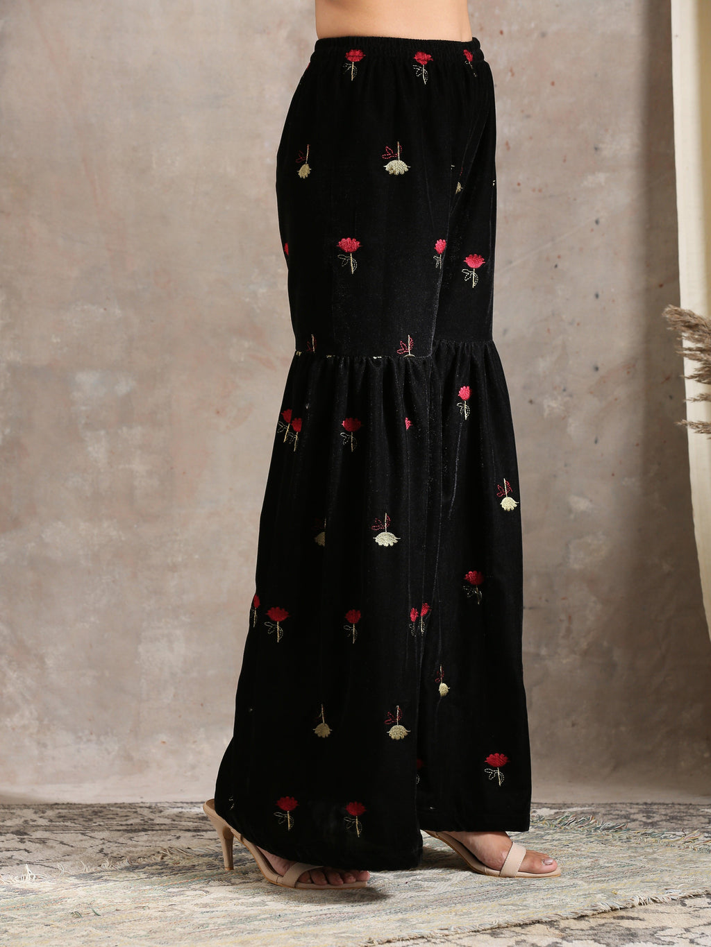 trueBrowns Black Velvet Embroidered Kurta Sharara Set