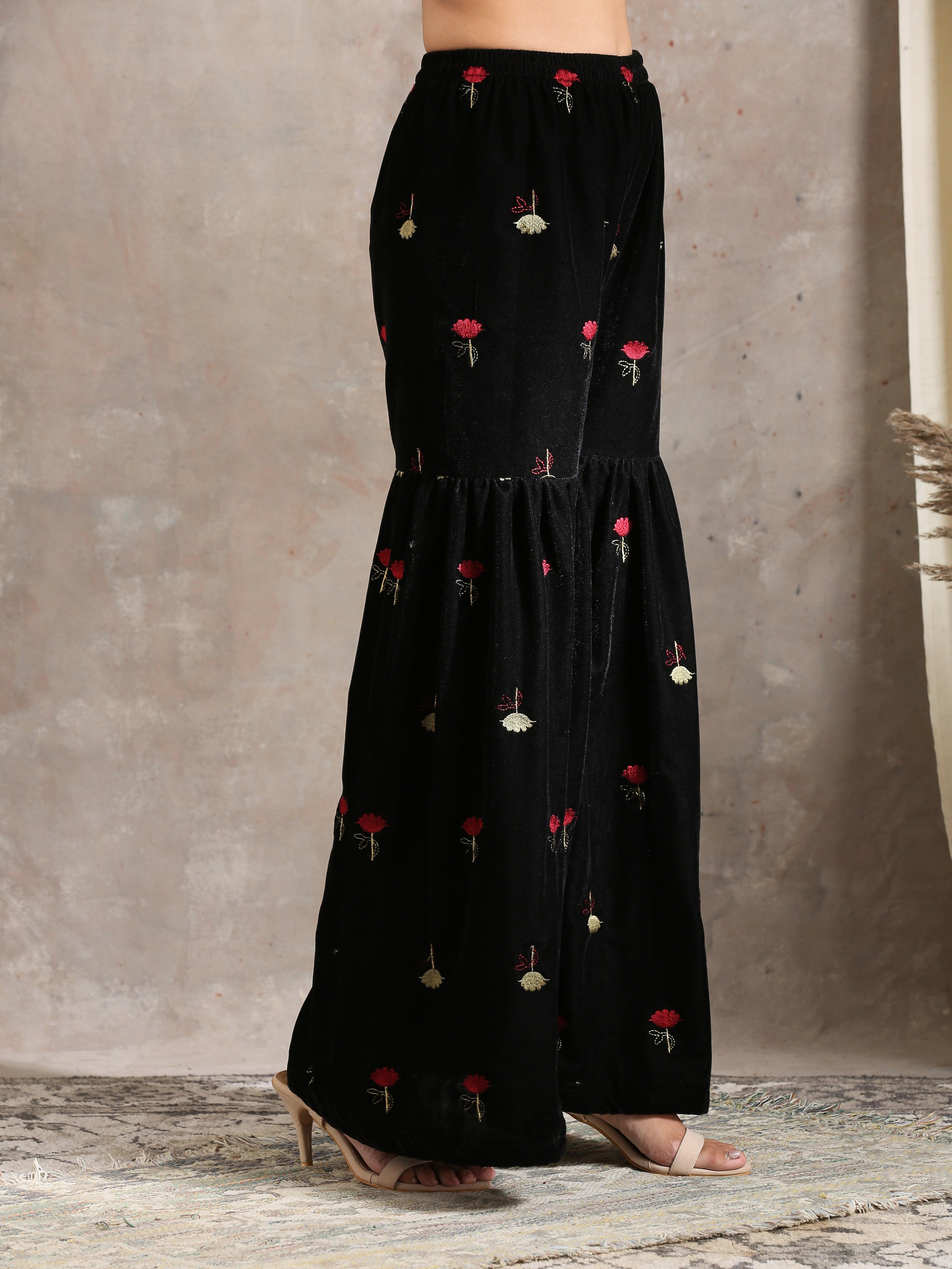 trueBrowns Black Velvet Embroidered Kurta Sharara Set