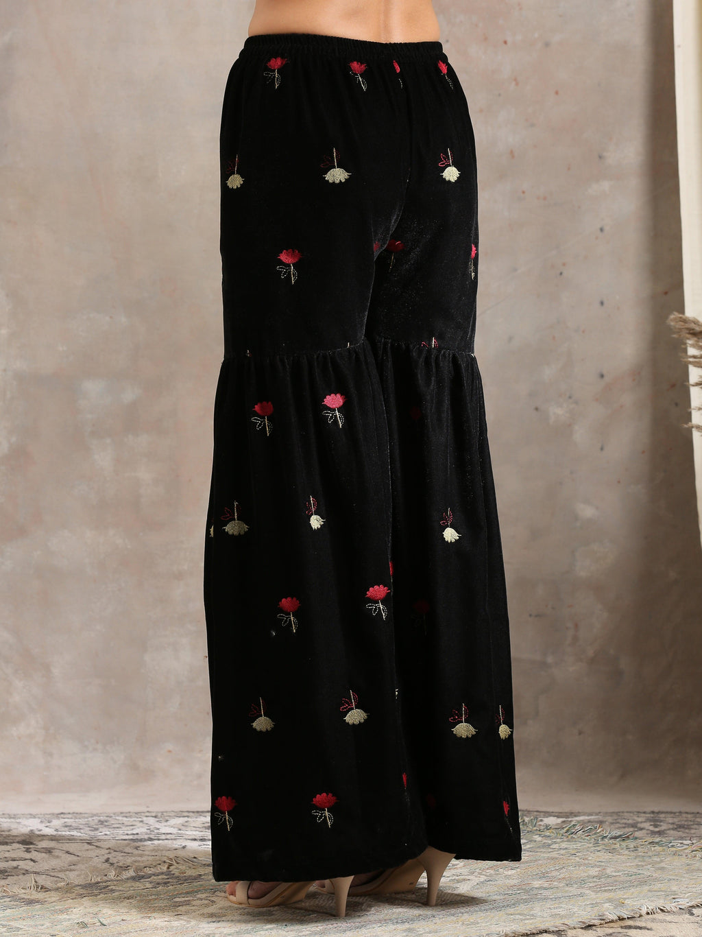 trueBrowns Black Velvet Embroidered Kurta Sharara Set