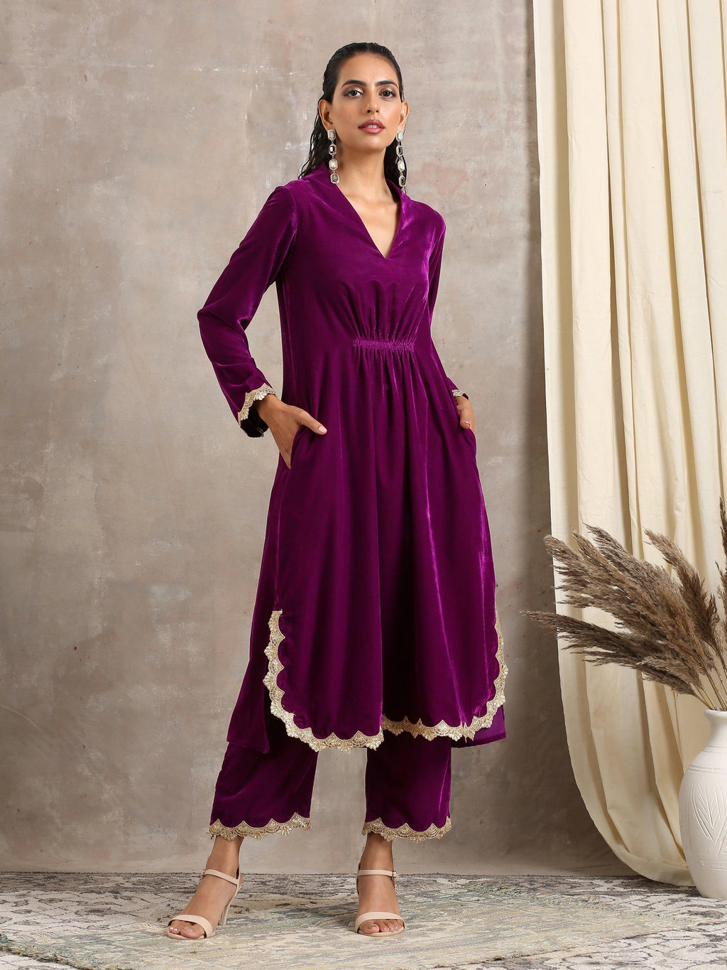 trueBrowns Wine Velvet Lace Kurta Pant Set | Relove