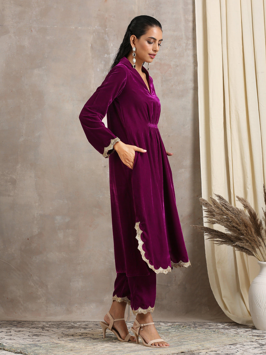trueBrowns Wine Velvet Lace Kurta Pant Set