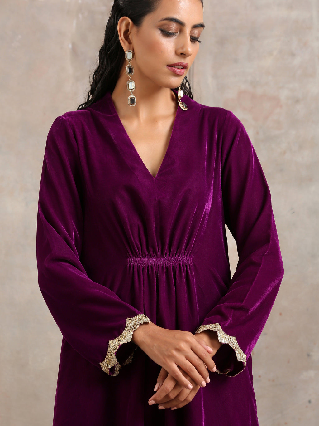trueBrowns Wine Velvet Lace Kurta Pant Set