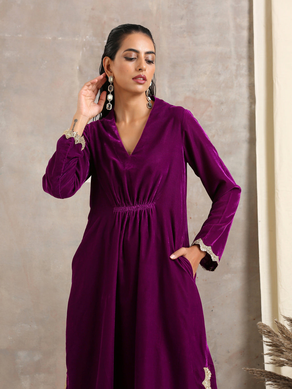 trueBrowns Wine Velvet Lace Kurta Pant Set | Relove