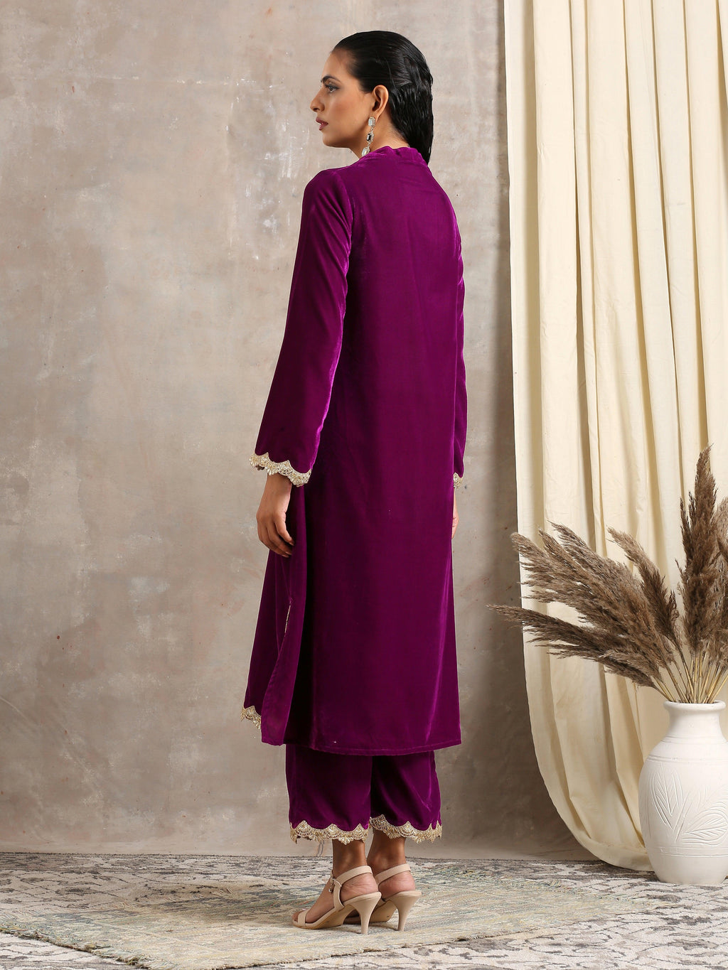 trueBrowns Wine Velvet Lace Kurta Pant Set | Relove
