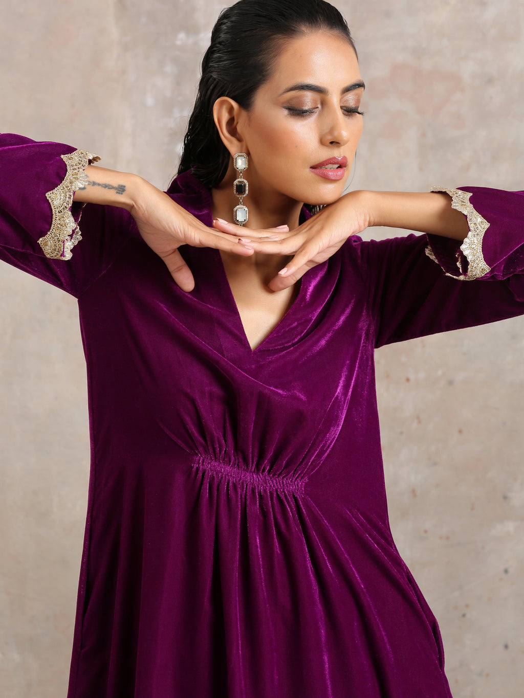 trueBrowns Wine Velvet Lace Kurta Pant Set