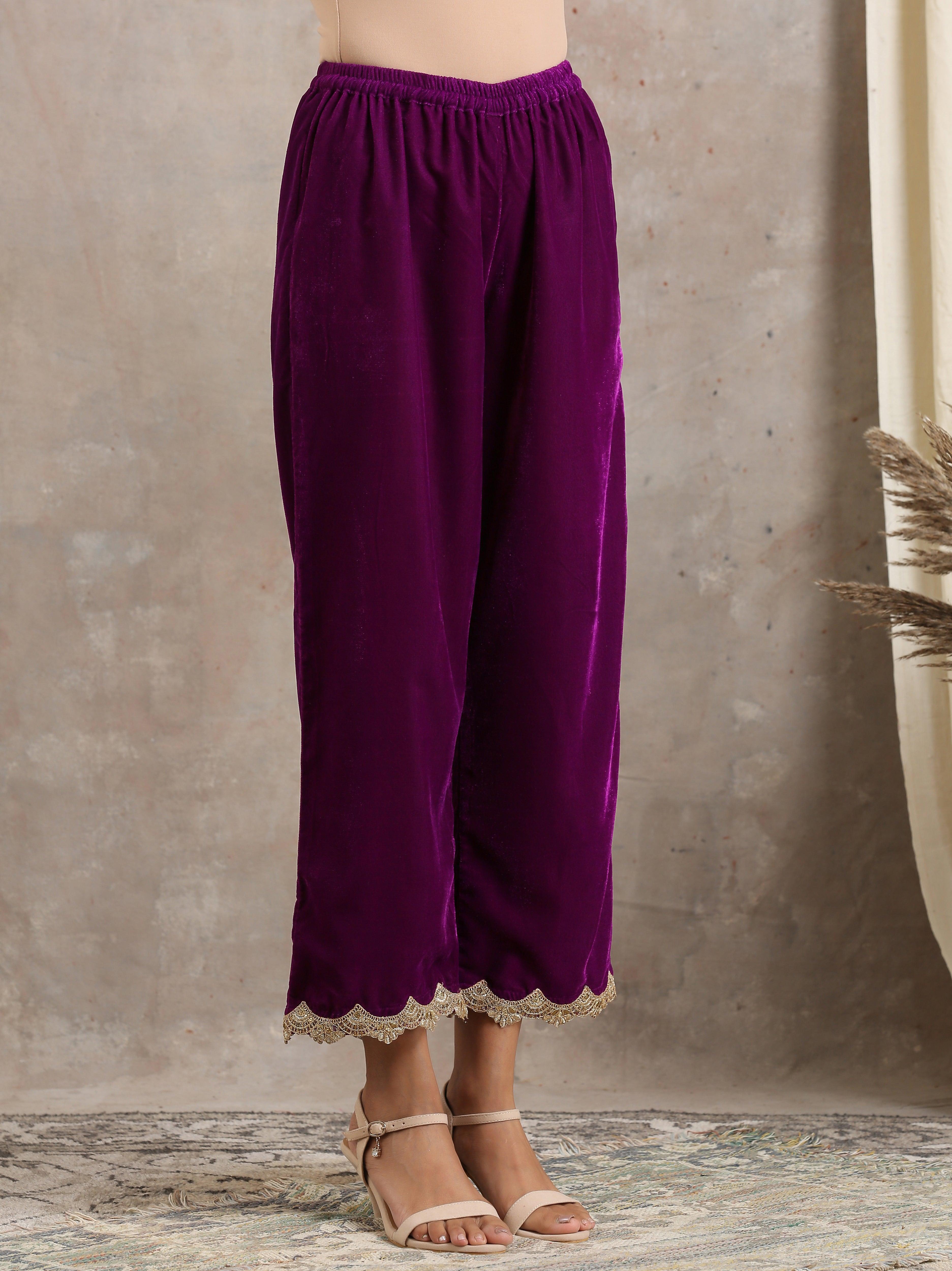 trueBrowns Wine Velvet Lace Kurta Pant Set