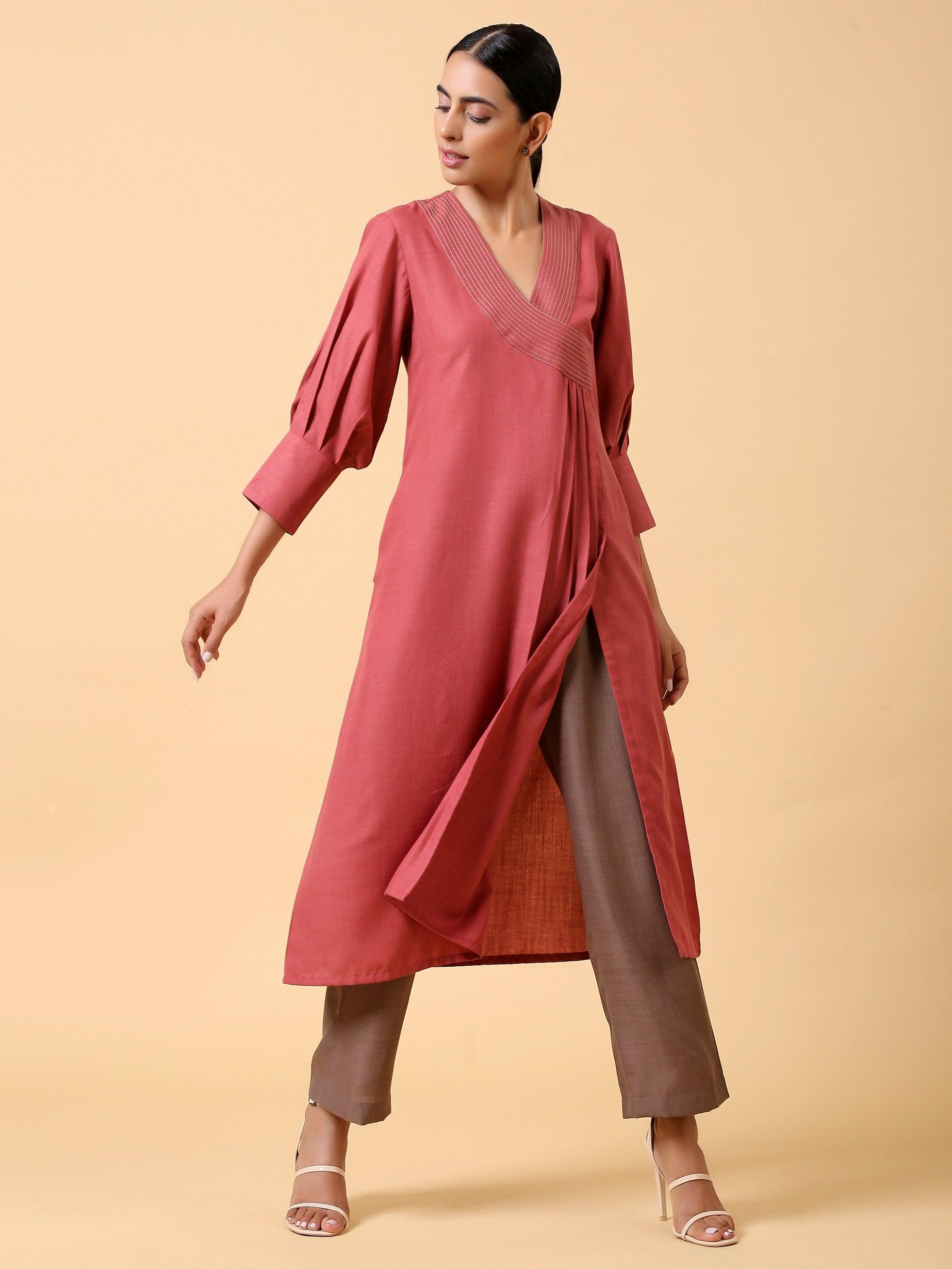 trueBrowns Cotton Linen Rust Red Kurta Pant Set