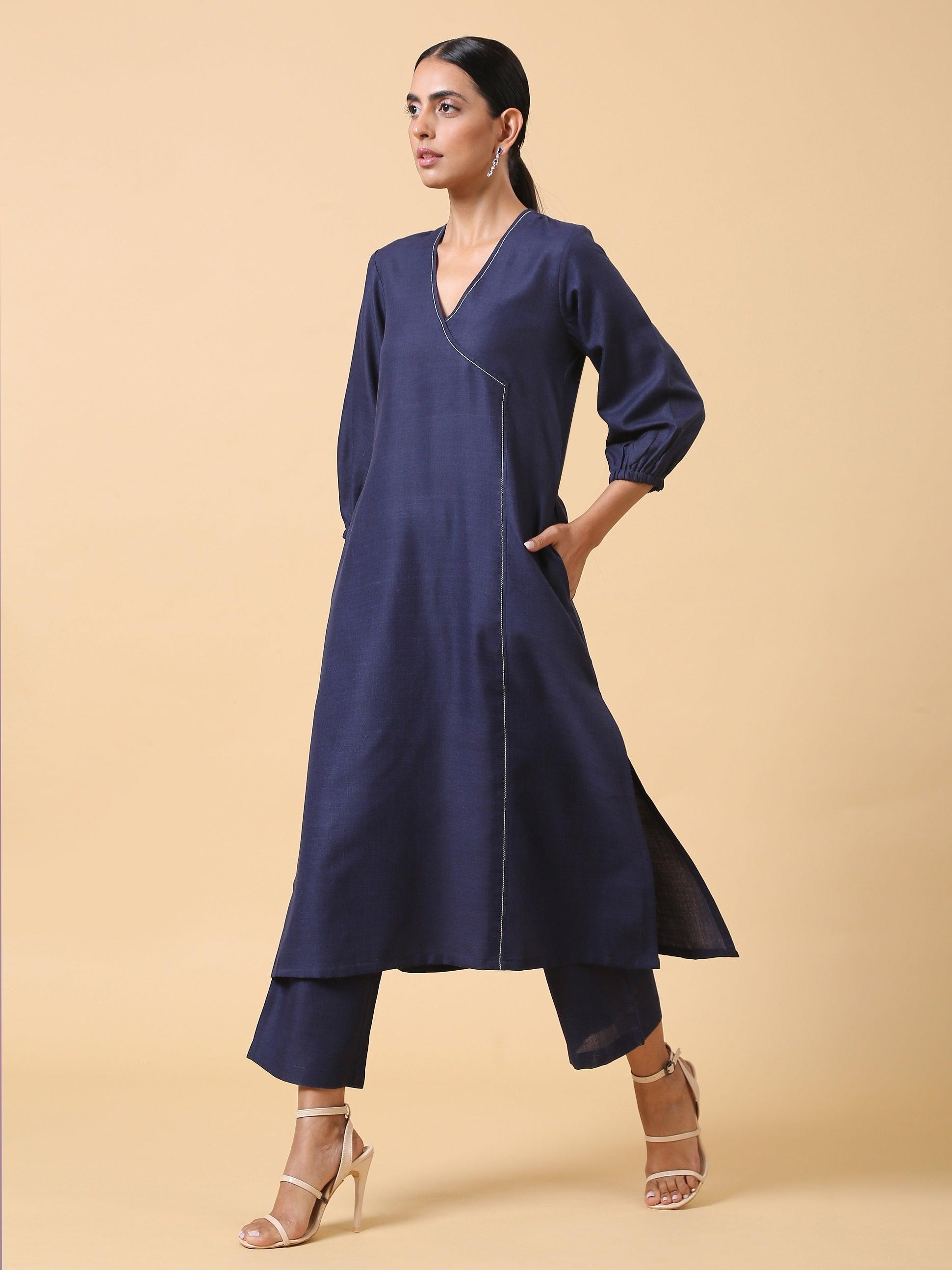 trueBrowns Cotton Linen Dark Blue Kurta Pant Set