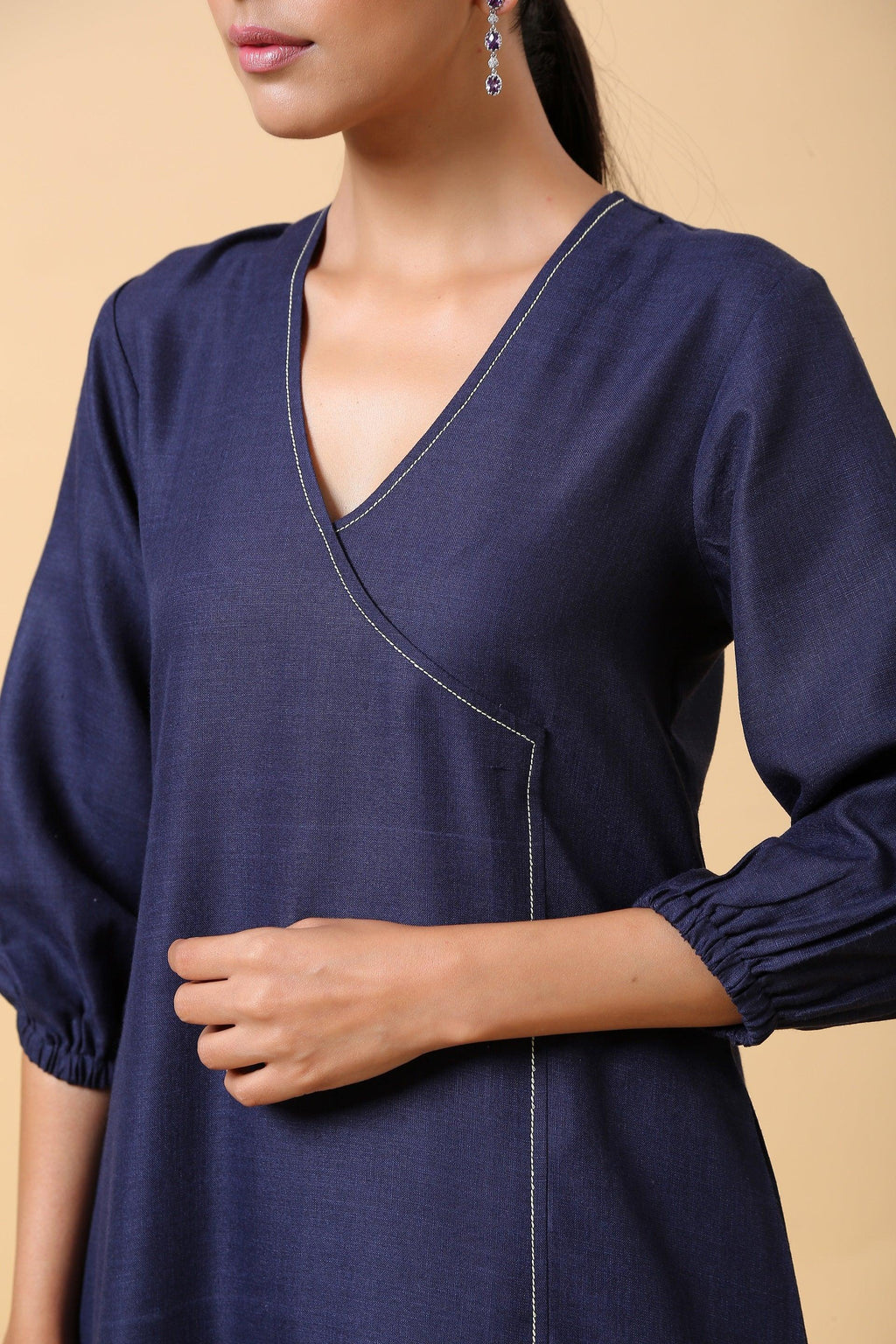 trueBrowns Cotton Linen Dark Blue Kurta Pant Set