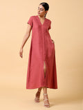 trueBrowns Cotton Linen Rust Red Pleated Dress