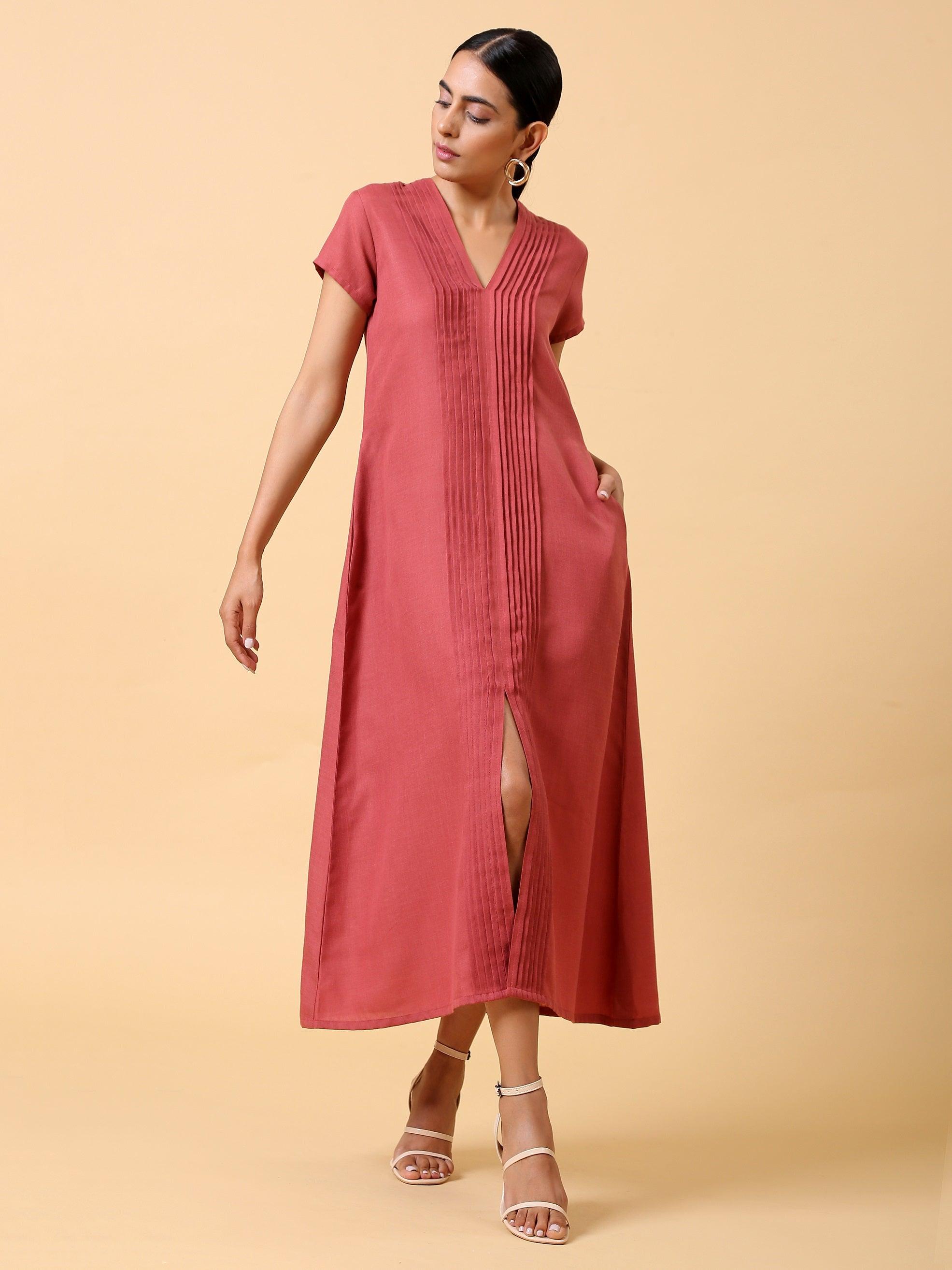 trueBrowns Cotton Linen Rust Red Pleated Dress