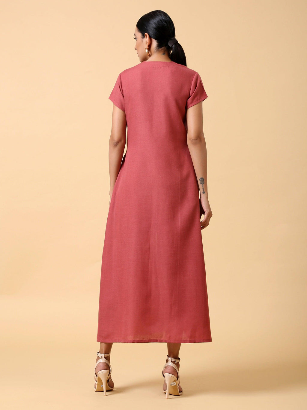 trueBrowns Cotton Linen Rust Red Pleated Dress