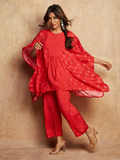 trueBrowns Red Bandhani Printed Silk Kaftan Gathered Co-Ord Set