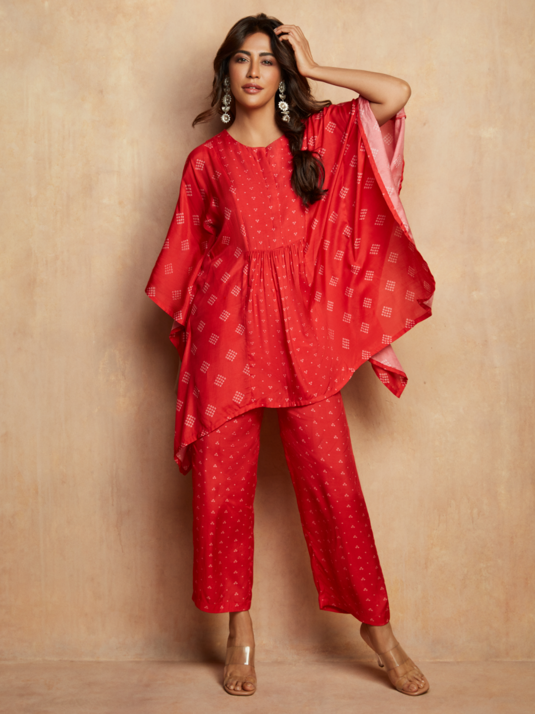 trueBrowns Red Bandhani Printed Silk Kaftan Gathered Co-Ord Set