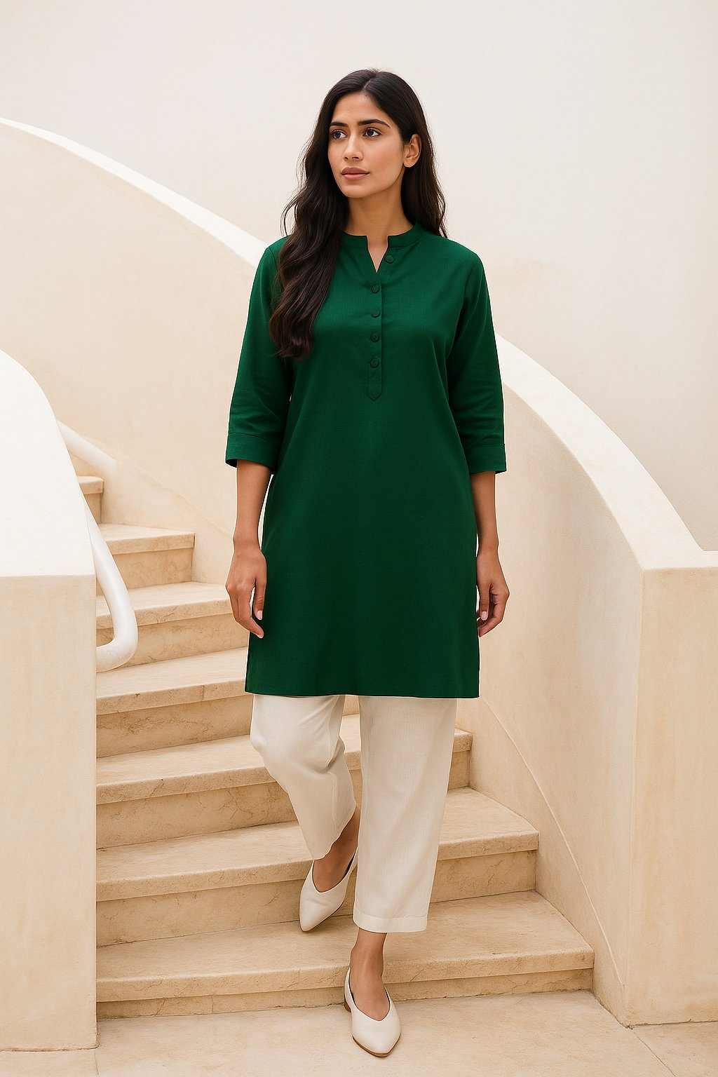 trueBrowns Dark Green Cotton Blend Short Kurta