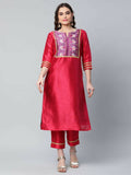 Ahalyaa Womens Red Art Silk Printed Kurta Pant Set