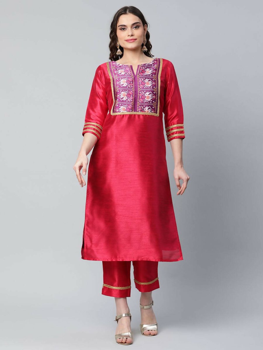 Ahalyaa Womens Red Art Silk Printed Kurta Pant Set