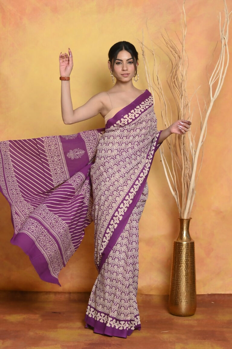 Very Much Indian Handblock Printed Cotton Saree With Natural Dyes - White