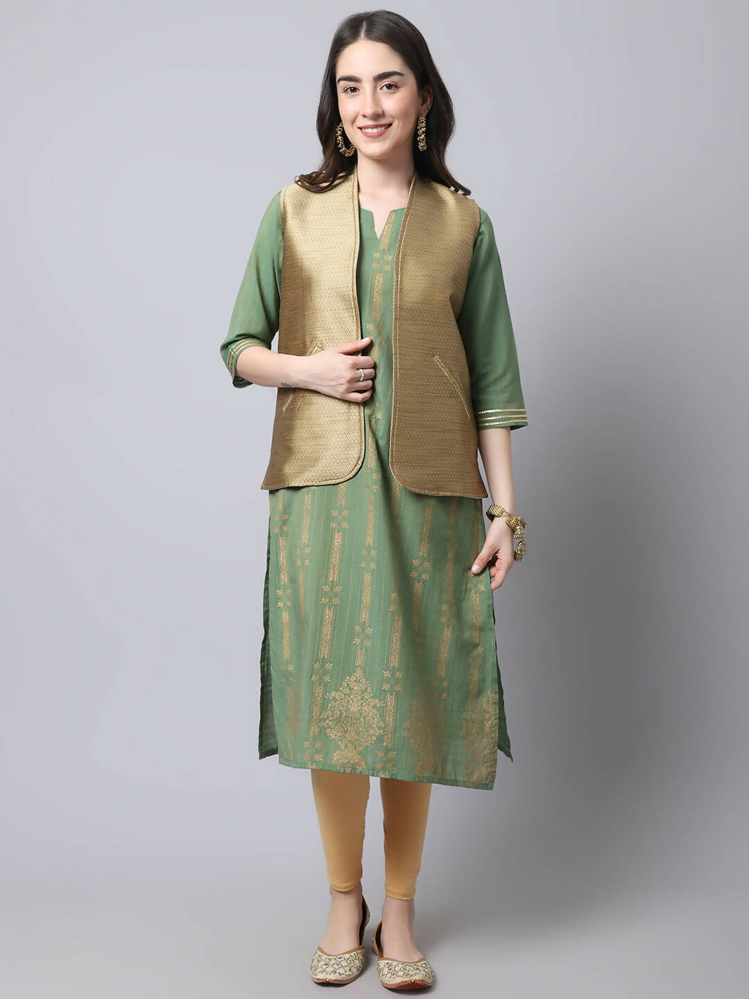 Even Apparels Beige Bansari Silk Open Front Women's Gillet