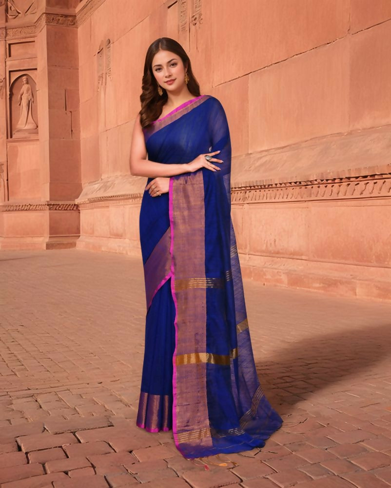 Joban Fashion Women Navy Blue & Megenta Pink Trendy Cotton Saree