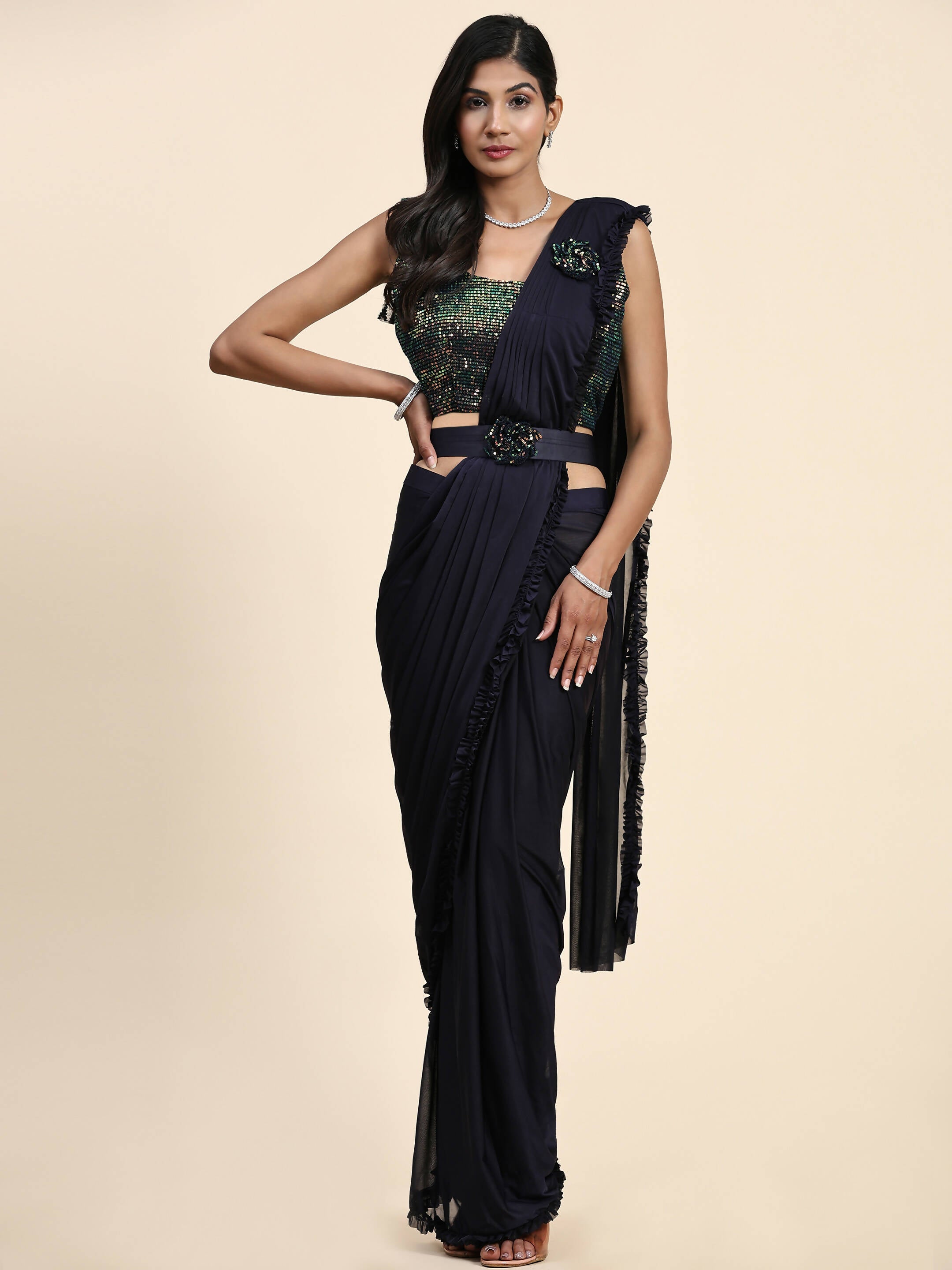 Navy Blue Imported Fabric Plain Ready to wear Saree with stitched Blouse - Vrinda