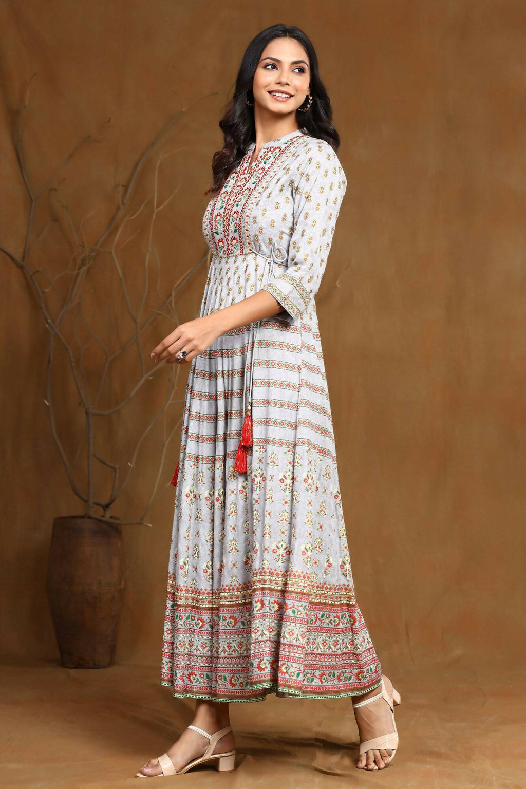 Juniper Women Grey Rayon Embroidered Flared Dress