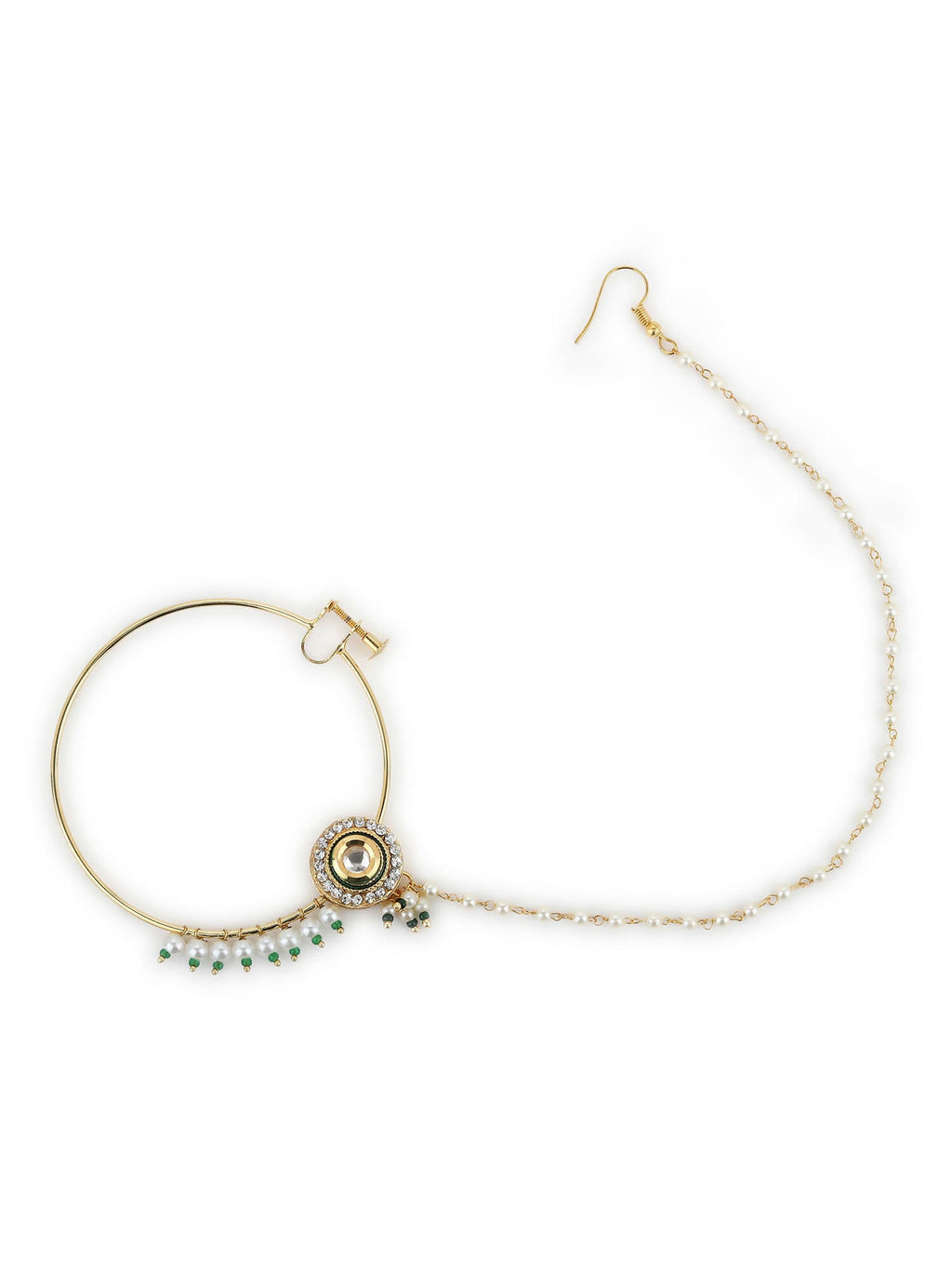 Gold-Polished White Green Kundan-Studded Pearl Beaded Nosepin - Ruby Raang