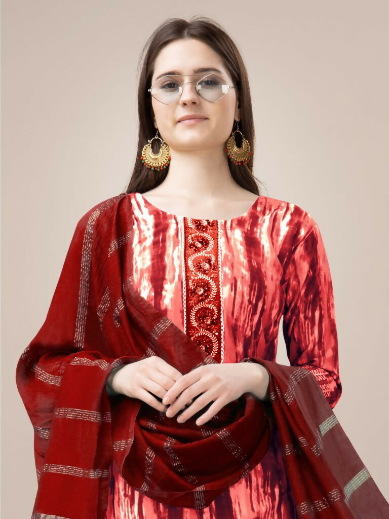 Jyoti Fashion Women's Orange Rayon Print with Embroidery & Fancy Lace Work Kurta with Trouser & Dupatta