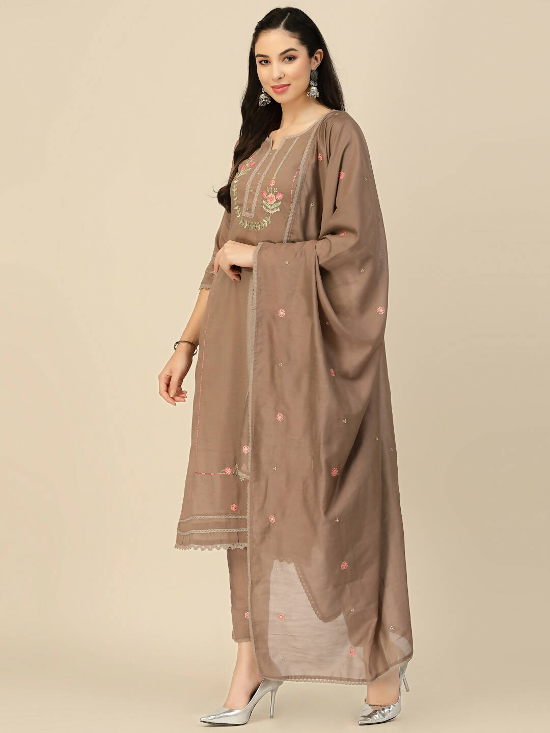 Brown Embroidered Chinon Straight Kurta With Trouser & Dupatta - Salimar