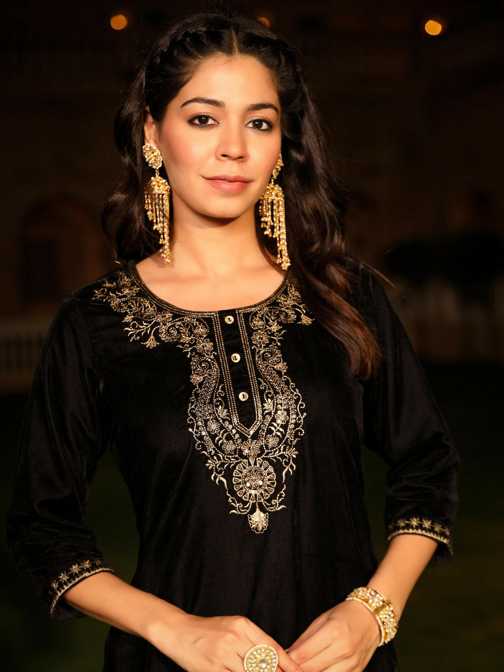 Juniper Women's The Sunehri Black Zari Embroidered Velvet Top & Skirt Set With Sequins & Buttons
