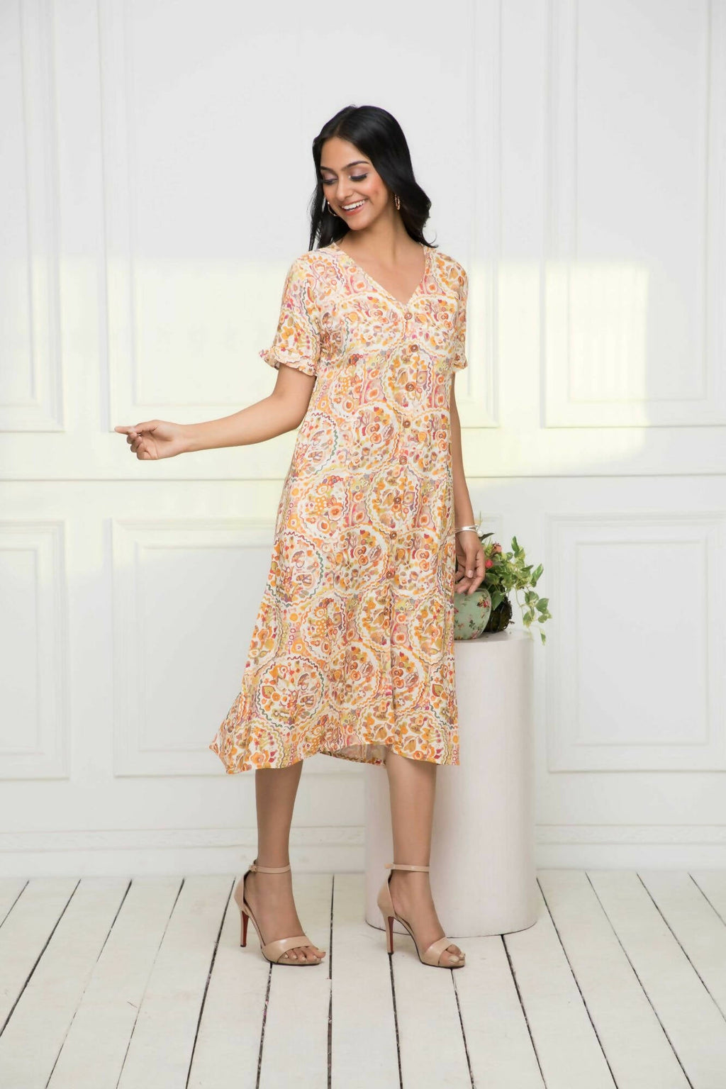Myshka Women Multi-Abstract Rayon A-Line V-Neck Dress