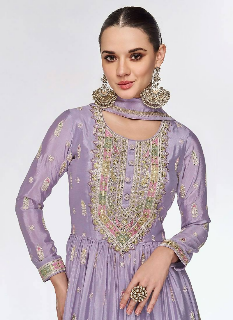 Lorenvalley Fashion Lavender Chinon Embroidery With Sequince Work Gown Stitched