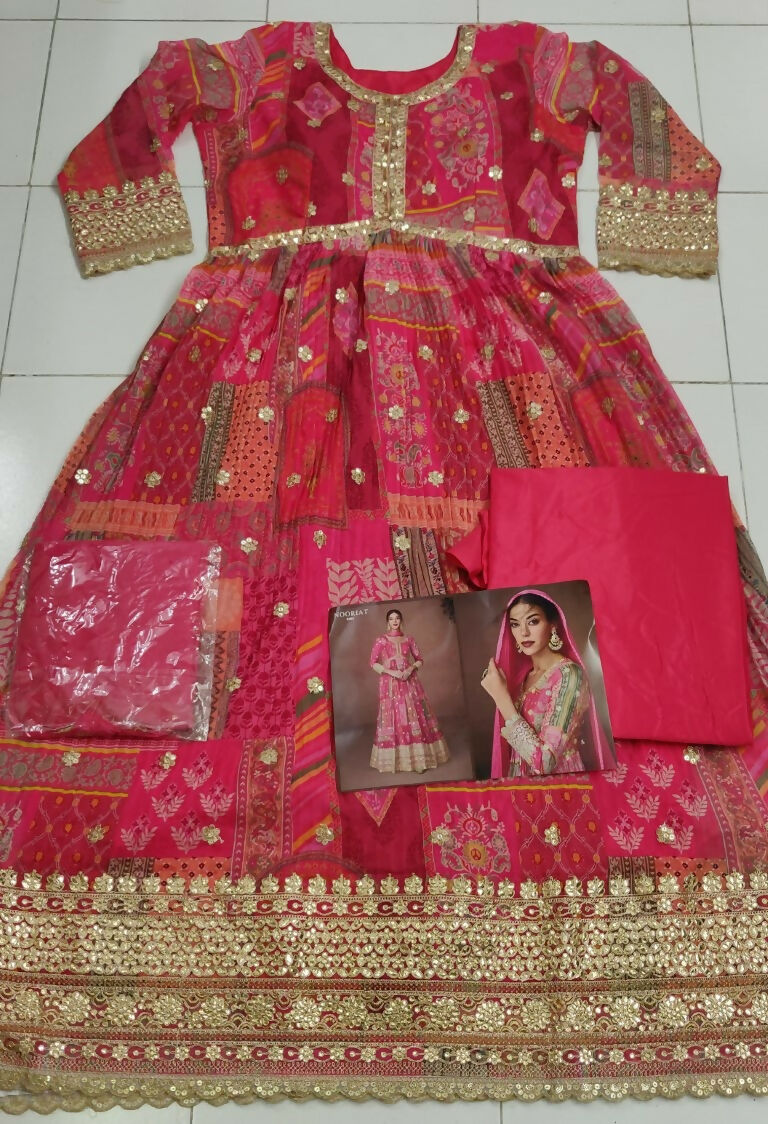 Vastranavya Pink Organza Silk Printed & Foil Mirror Work Anarkali Suit Set