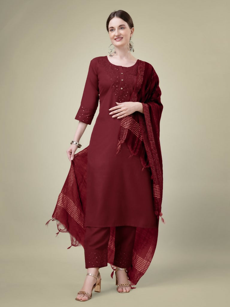 Jyoti Fashion Women's Maroon Cotton Blend Embroidery & Sequence work Kurta with Trouser & Dupatta
