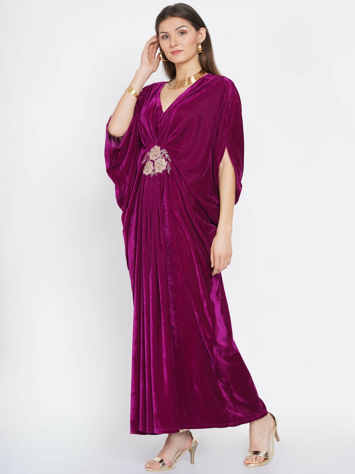 Women Republic Wine Velvet Embroiderd Gown