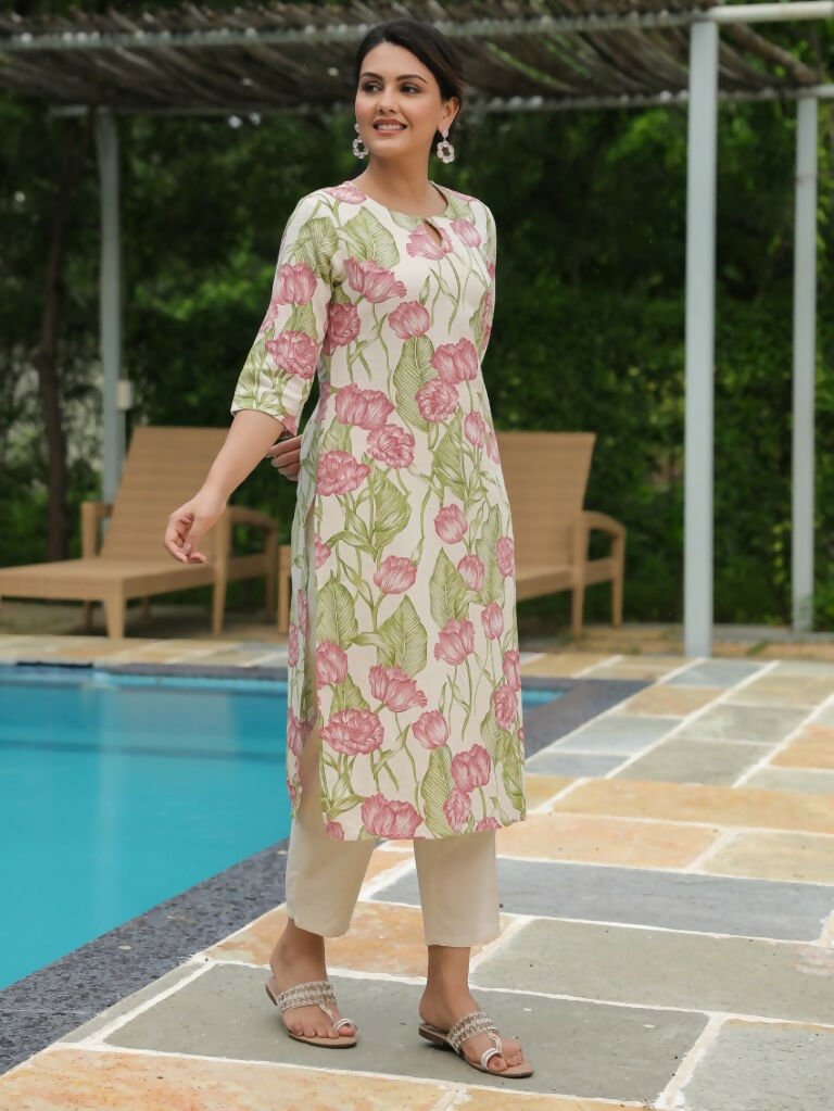 Aramya Straight Linen Cotton Floral Print Women's Kurta - Off White