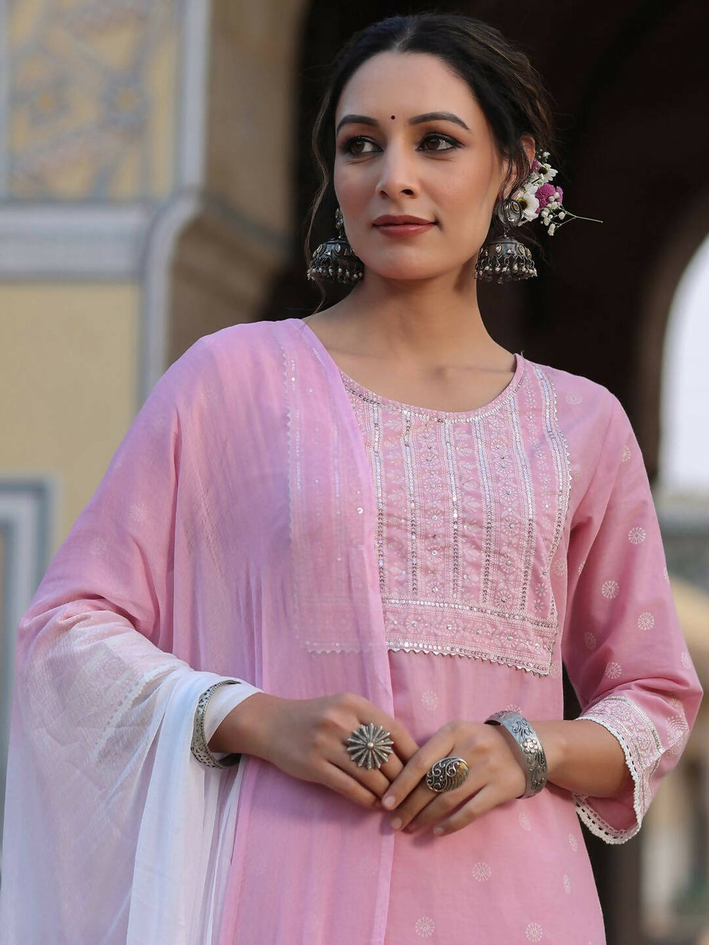 Juniper Women's Pink Cambric Floral Print Kurta Sharara Sets